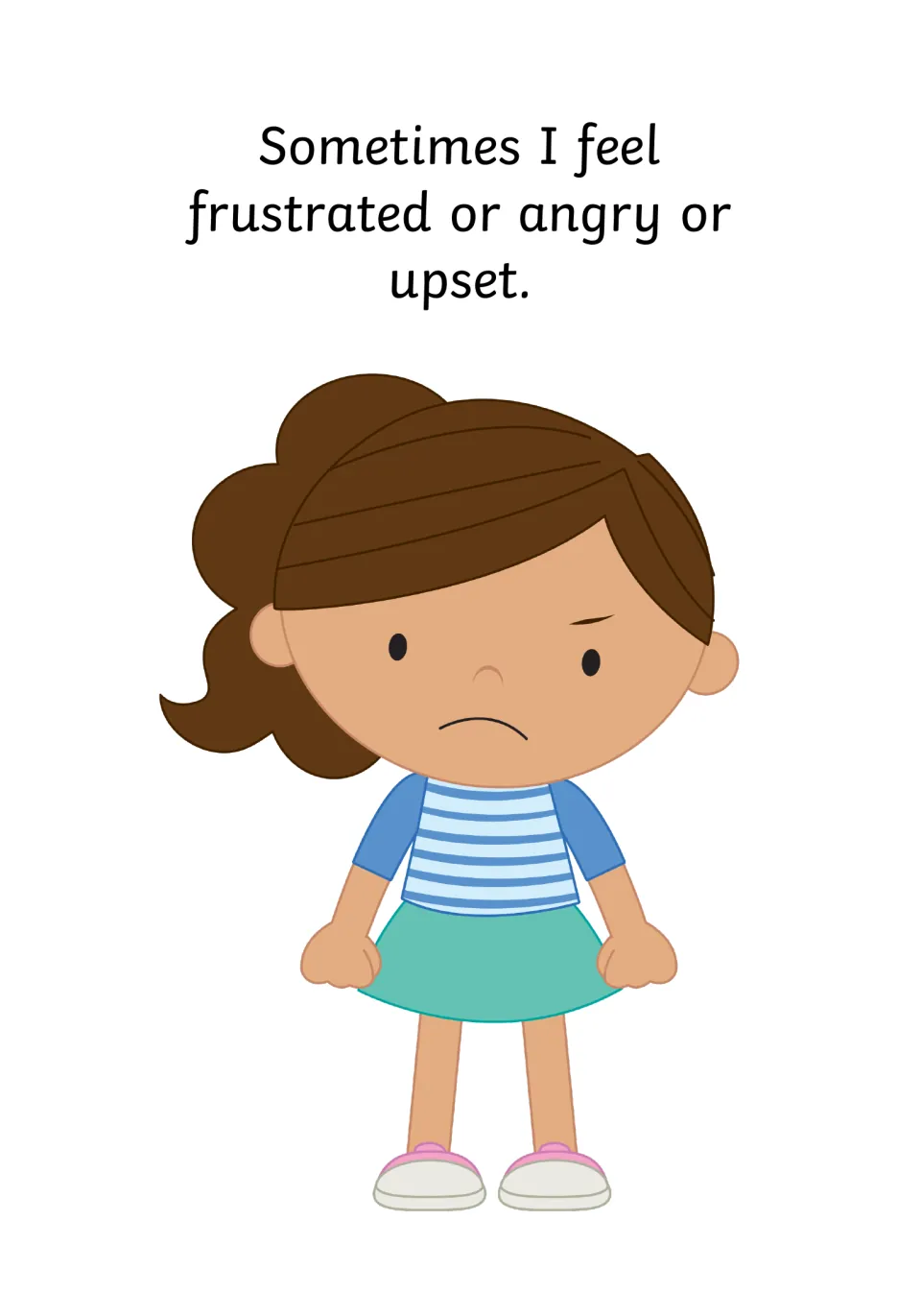 Social story page: "Sometimes I feel frustrated or angry or upset," with a frowning girl clenching her fists