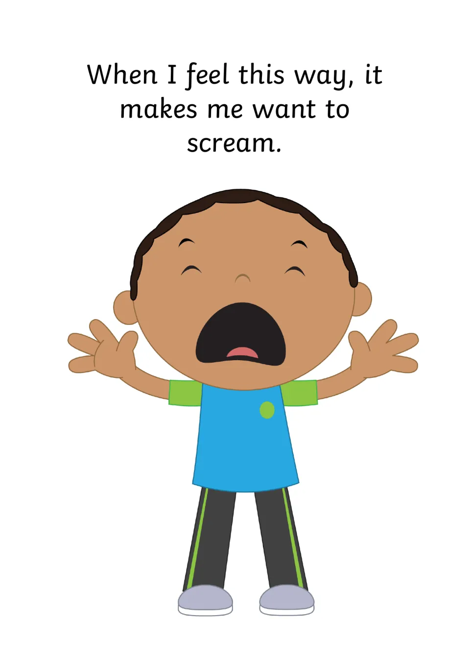 Social story page linking big feelings to the urge to scream, shown by a boy yelling with his arms thrown wide