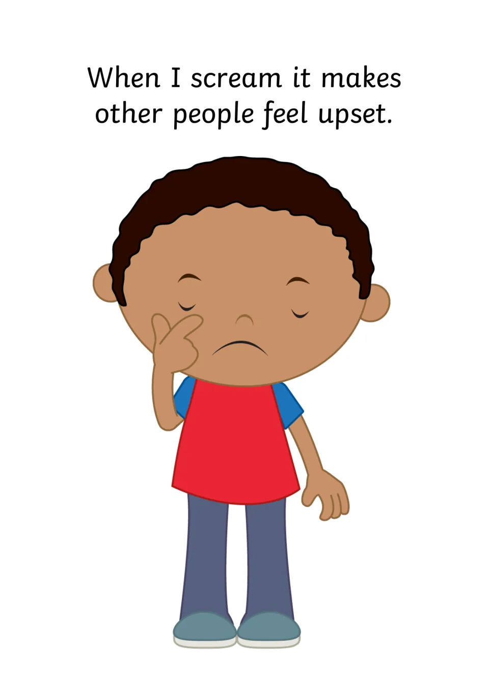 Social story page: "When I scream it makes other people feel upset," with a sad boy wiping his eye