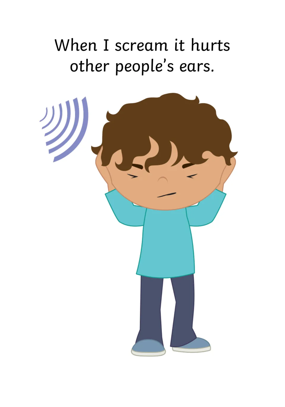 Social story page on how screaming hurts other people's ears, showing a boy covering his ears against sound waves