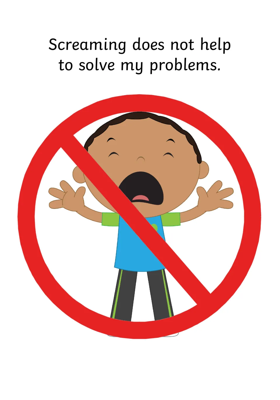 Social story page: "Screaming does not help to solve my problems," with a yelling boy inside a red no symbol