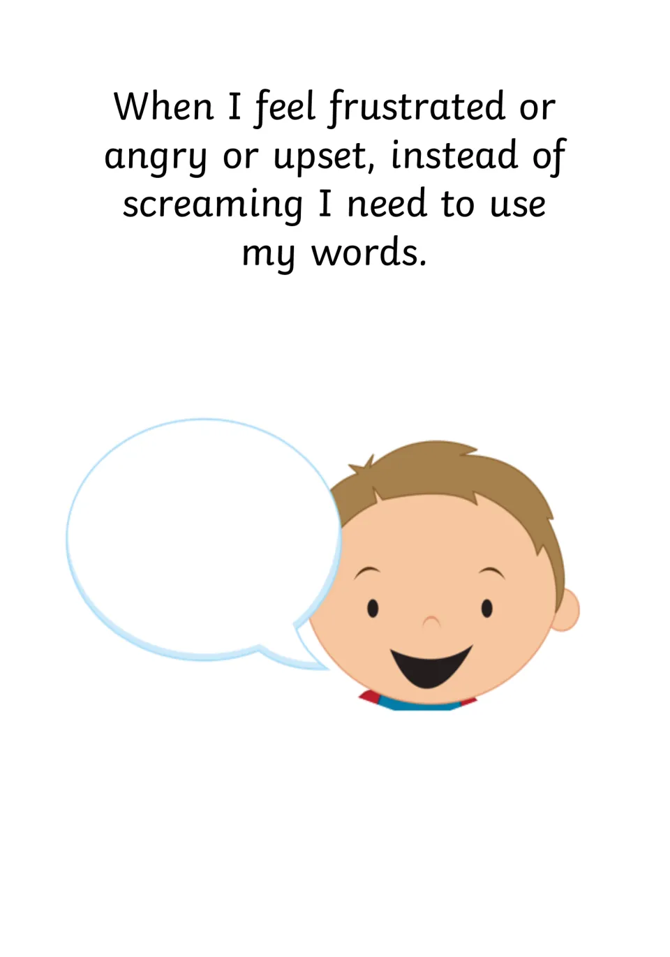 Replacement behaviour page: instead of screaming, use my words, with a smiling boy next to an empty speech bubble