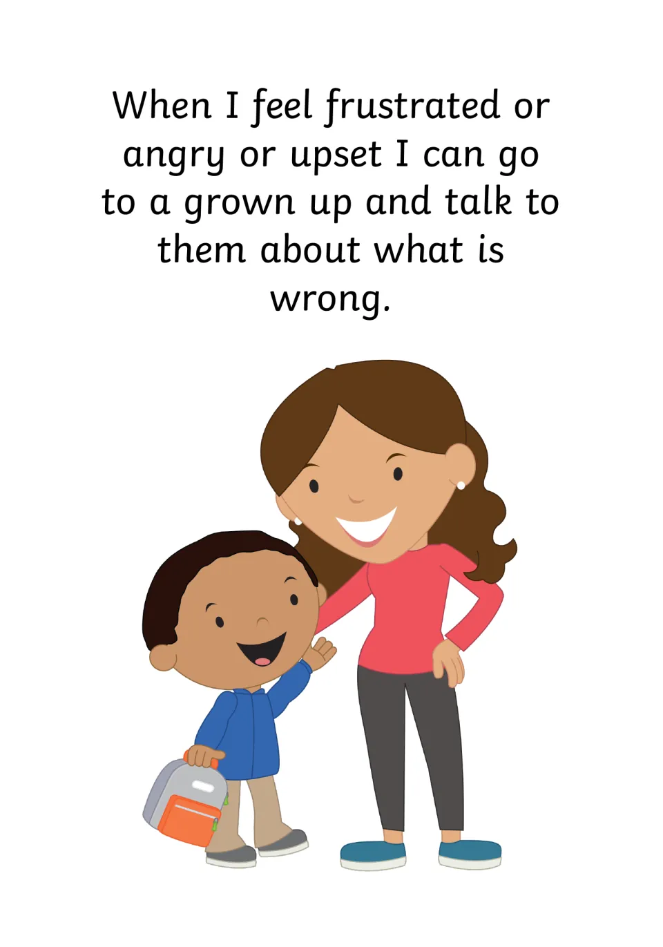 Coping strategy page: go to a grown up and talk about what is wrong, showing a smiling boy beside a woman