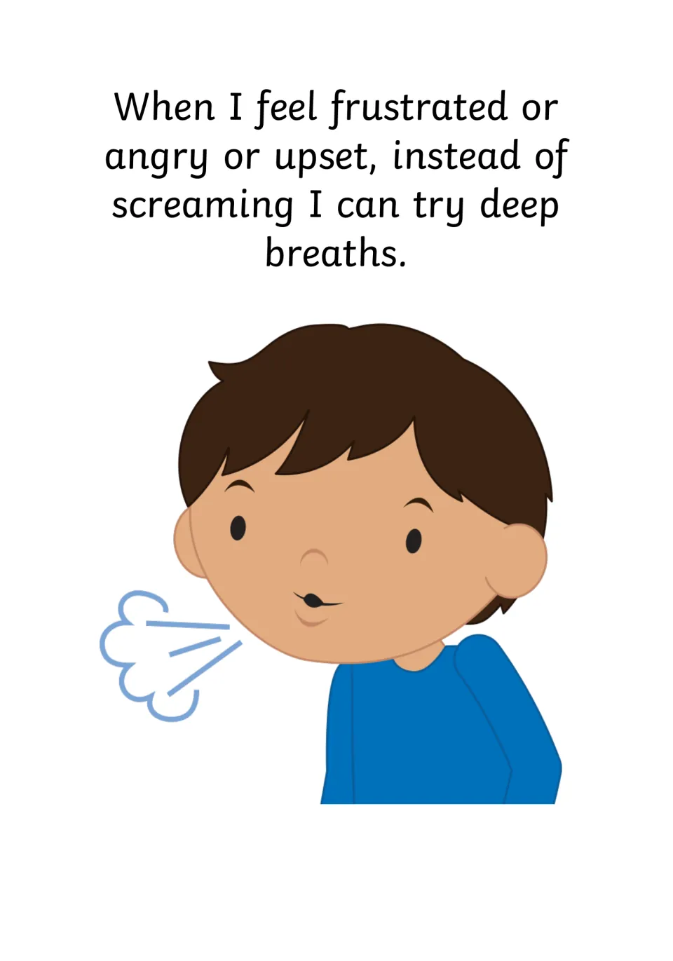Calming strategy page: try deep breaths instead of screaming, with a boy blowing out a puff of air