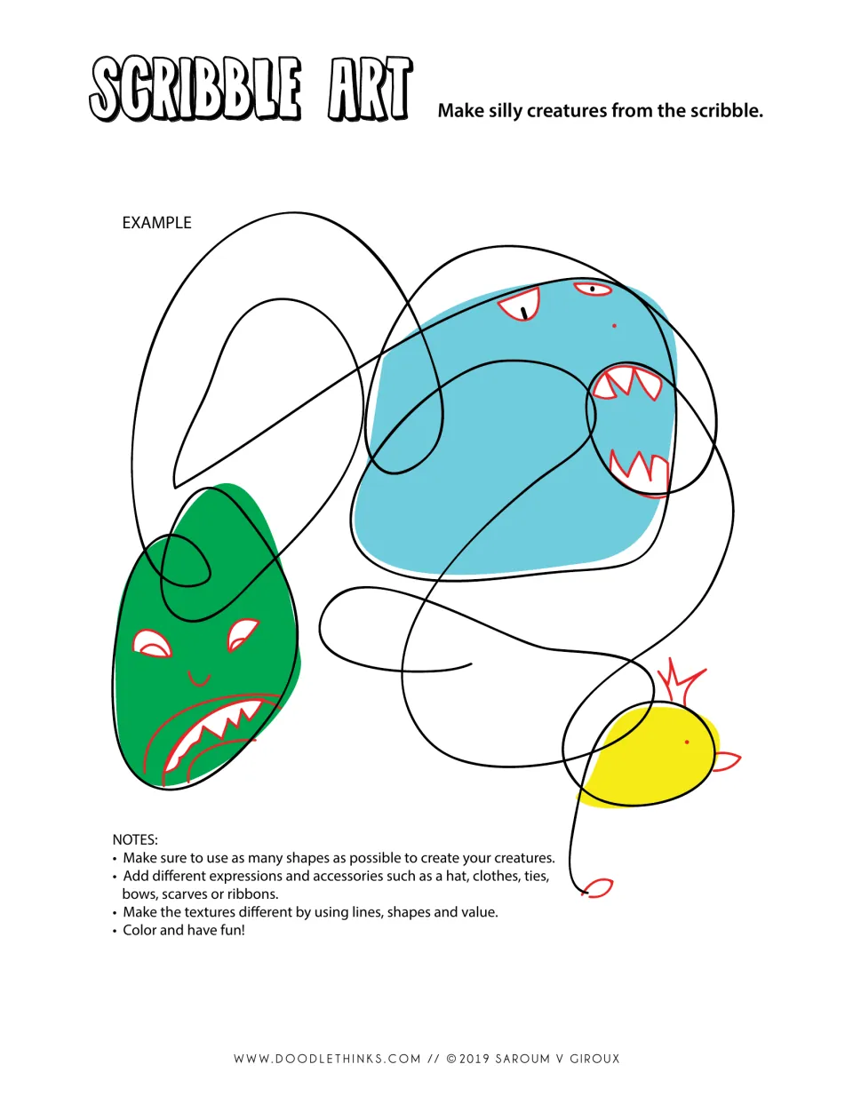 Scribble Art example: a scribble turned into three colored creatures with eyes and teeth, plus tips on texture and value
