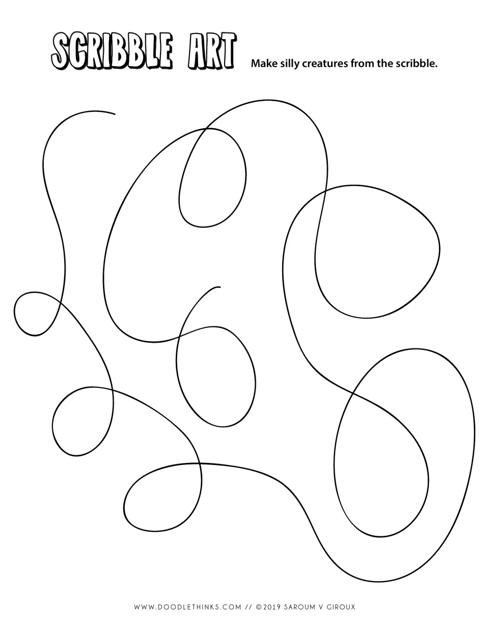 Loose scribble of wide, open loops: students find shapes in the line and turn them into silly creatures by adding faces