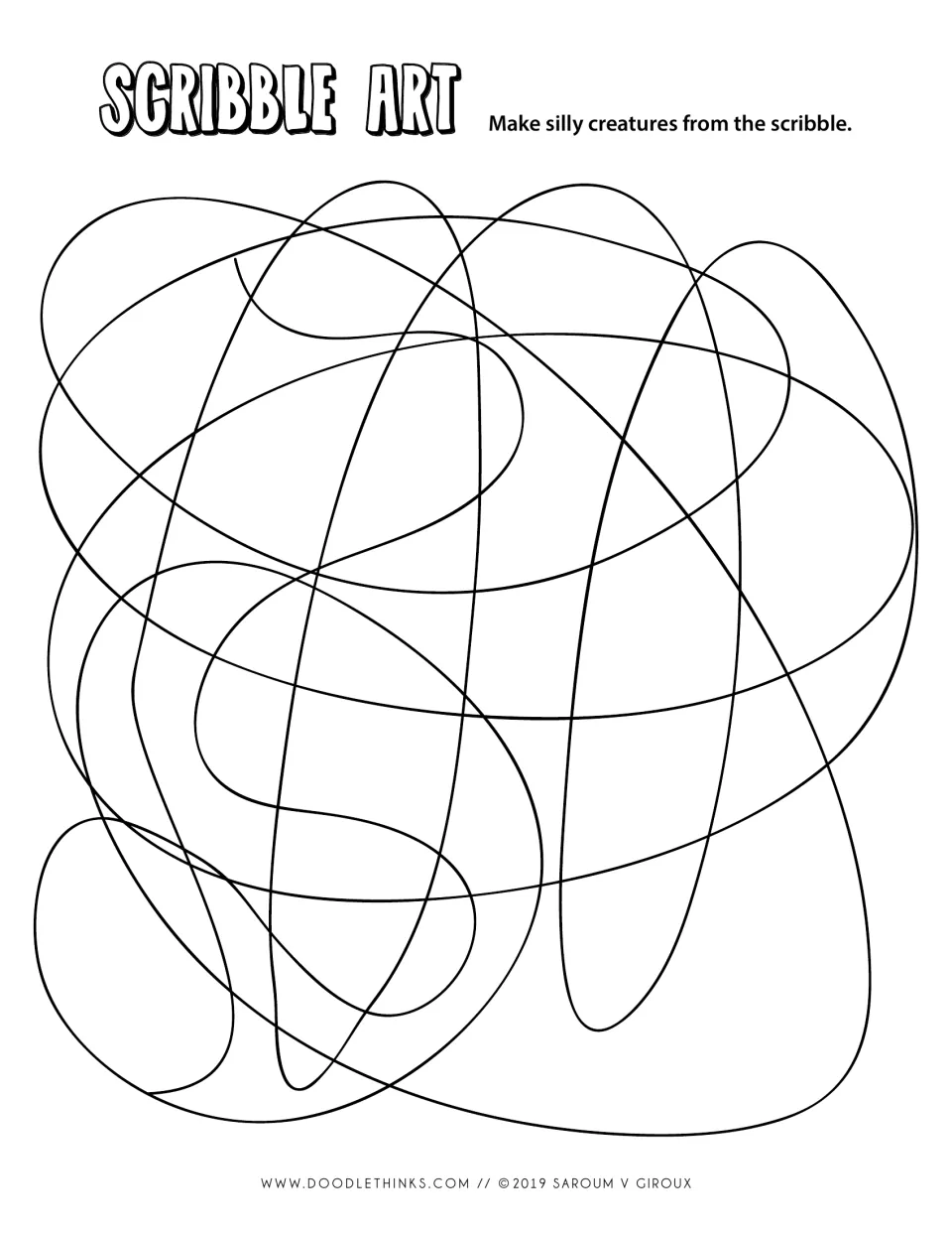Dense scribble of large overlapping ovals: students spot hidden forms and draw silly creatures inside the tangle
