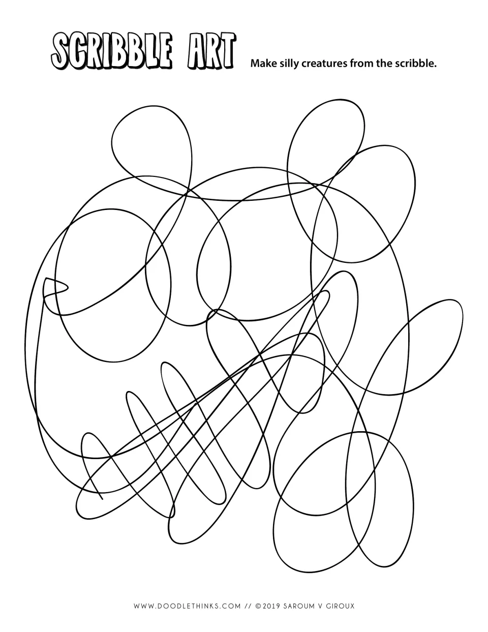 Scribble with small loops on top and a zigzag tangle below for students to turn into silly creatures and color