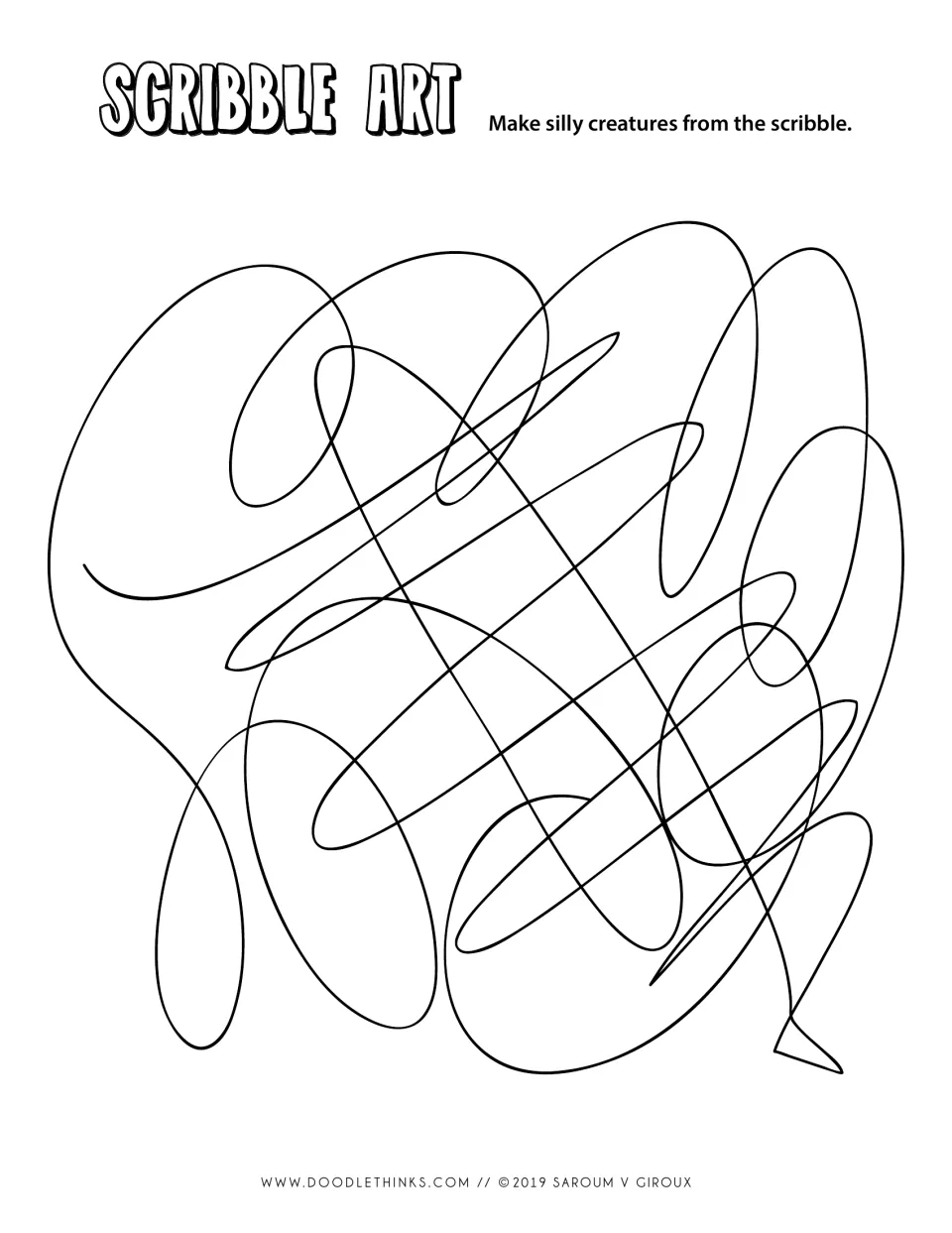 Tight, tangled scribble ending in a pointed tail: students pick out shapes to transform into silly creatures