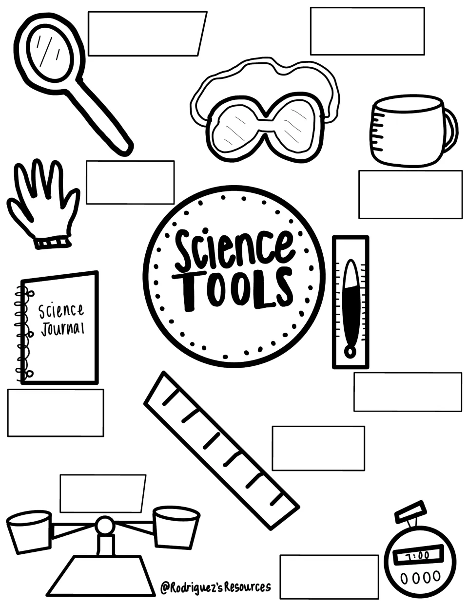 Science tools labeling page showing nine items, including a hand lens, goggles, gloves, and a stopwatch