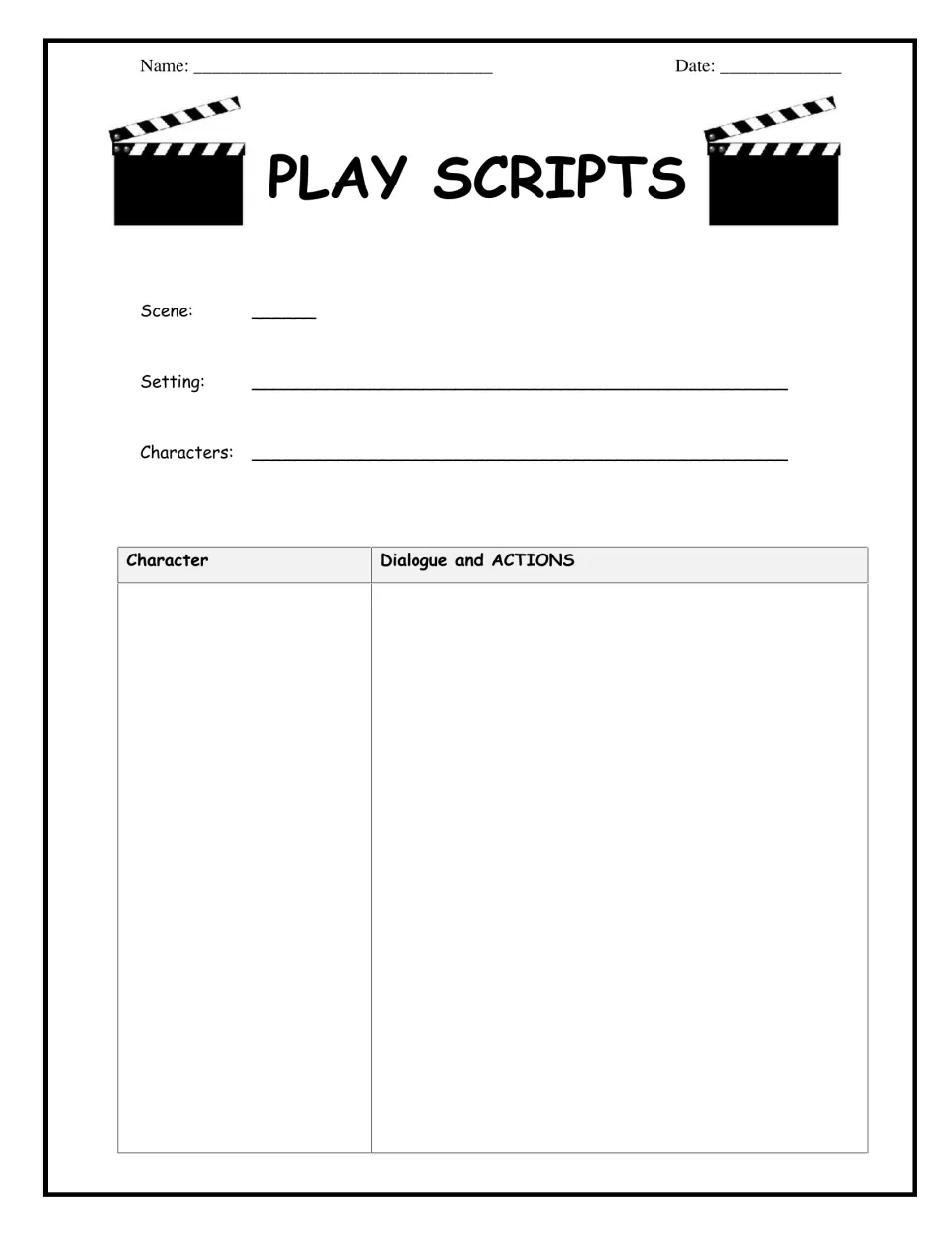 Play Scripts planner: students fill in scene, setting and characters, then write each character's dialogue and actions