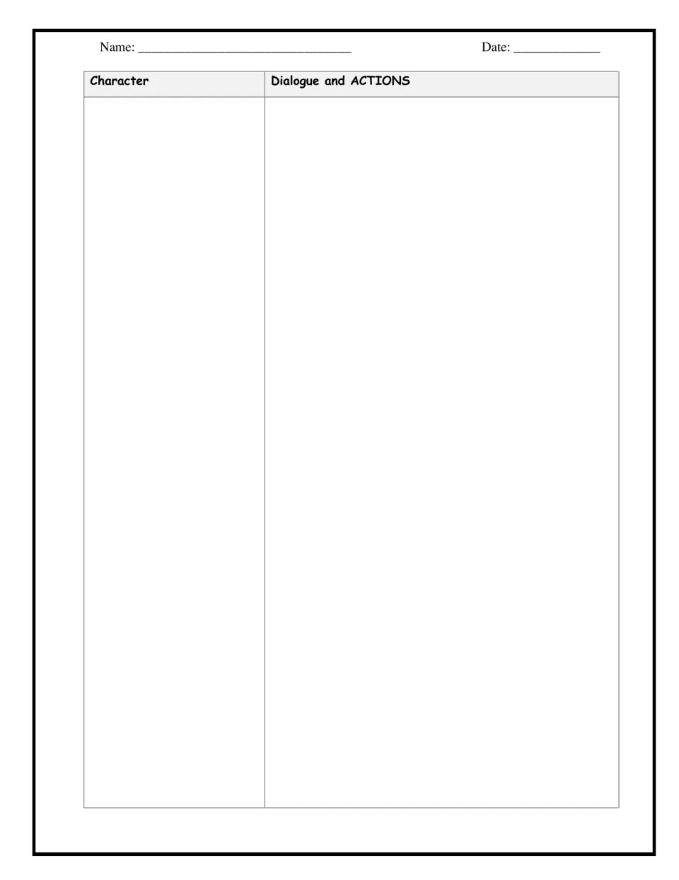Play script continuation page: students keep writing lines, pairing each character name with dialogue and actions