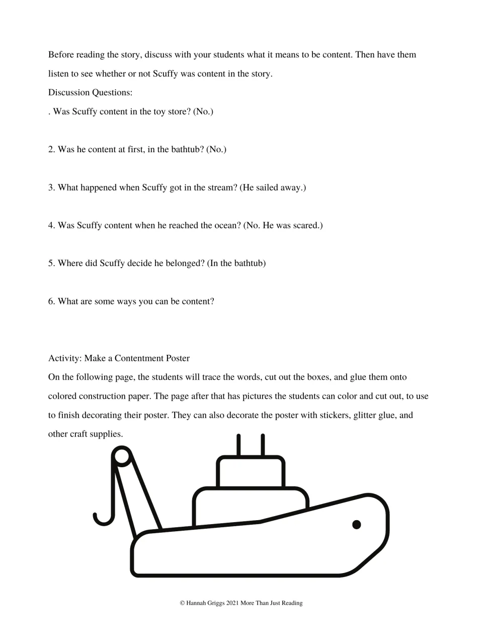 Six discussion questions about Scuffy's contentment, with suggested answers and contentment poster directions