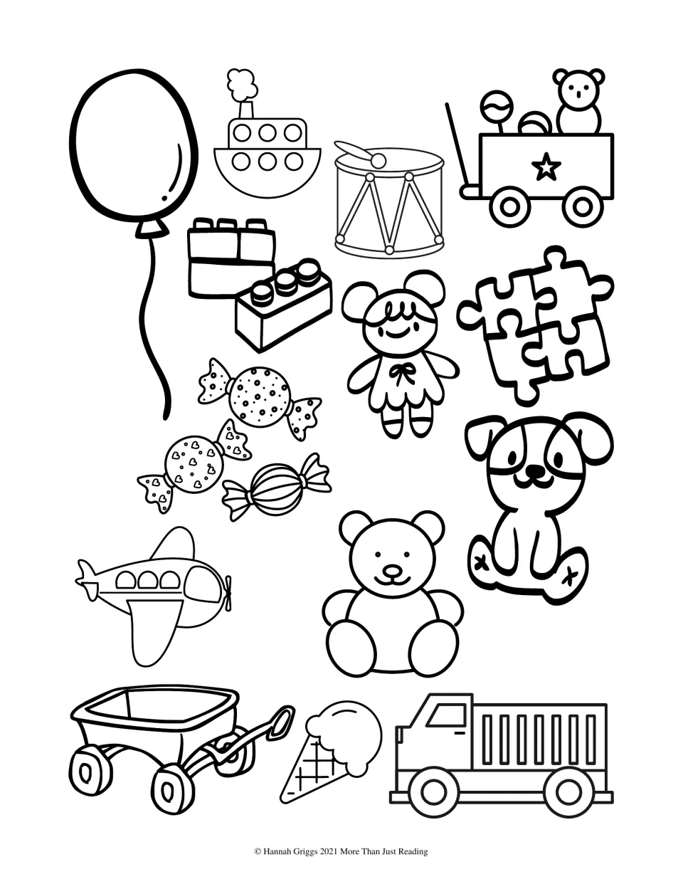 Contentment poster pictures to color and cut out, including a balloon, toy boat, drum, doll, and teddy bear