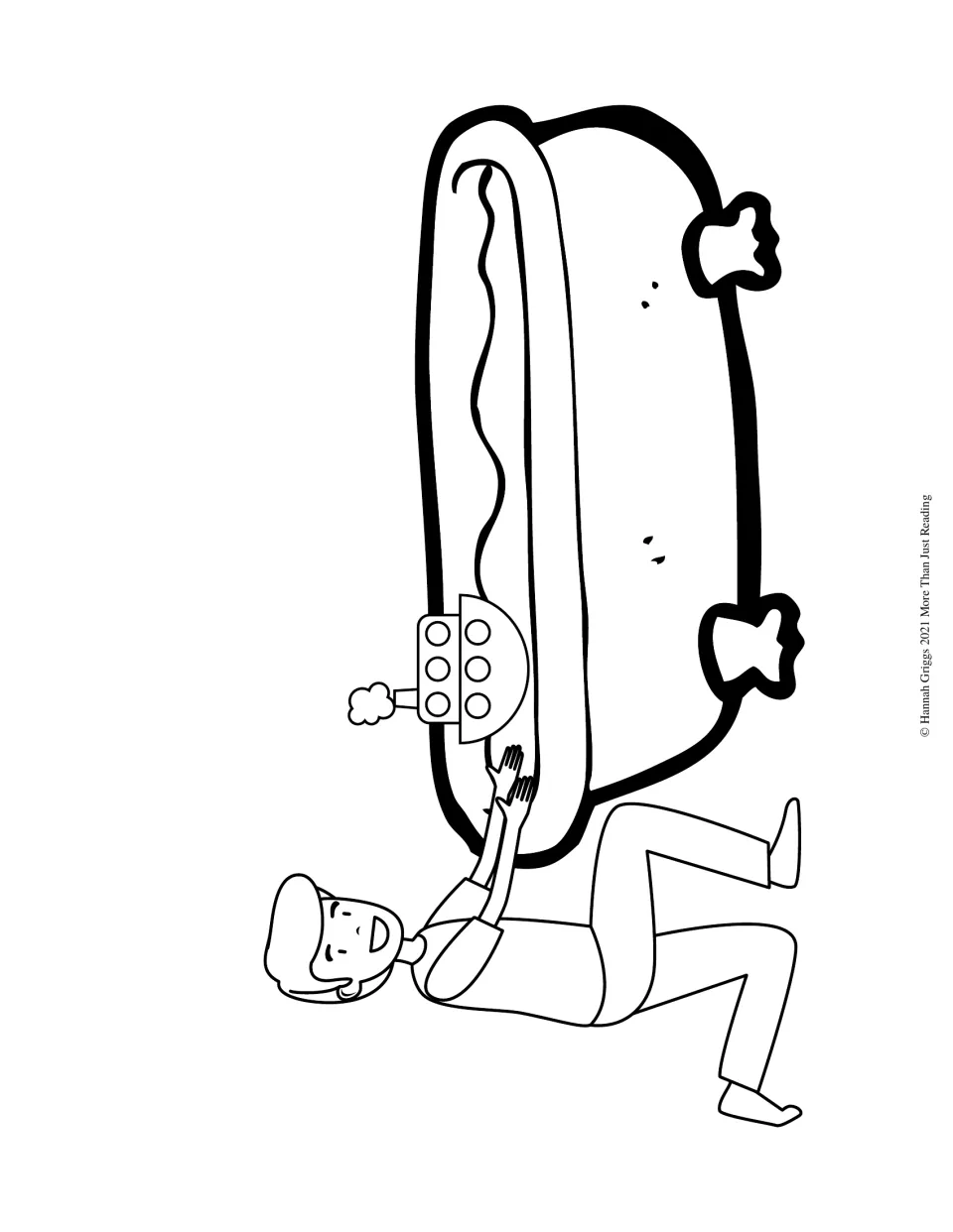Story companion coloring page showing a person kneeling beside a bathtub with a toy tugboat in the water