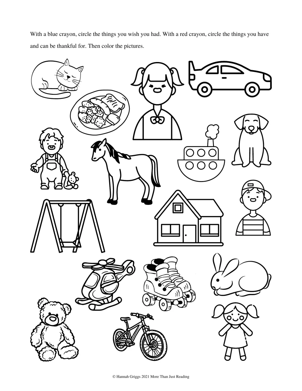 Contentment worksheet: circle things you wish you had in blue and things you have in red, then color