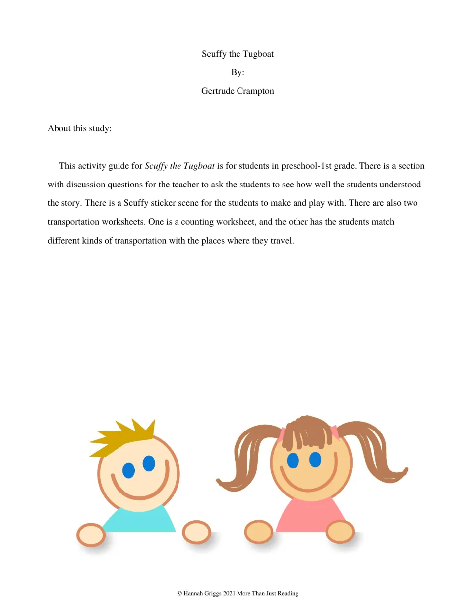 Guide overview for preschool–first grade outlining discussion questions, a sticker scene, and two worksheets