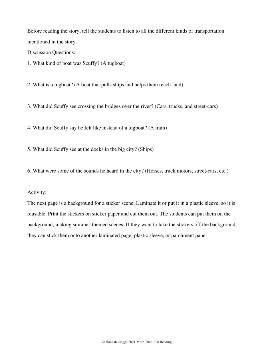 Six story discussion questions with parenthetical answers, followed by reusable sticker-scene instructions