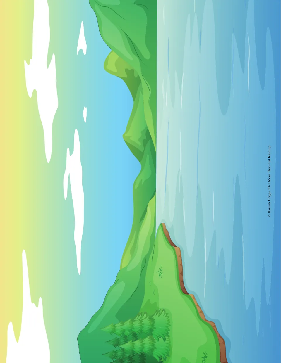 Sticker-scene background showing water, green hills, trees, and sky for placing the guide's cut-out stickers