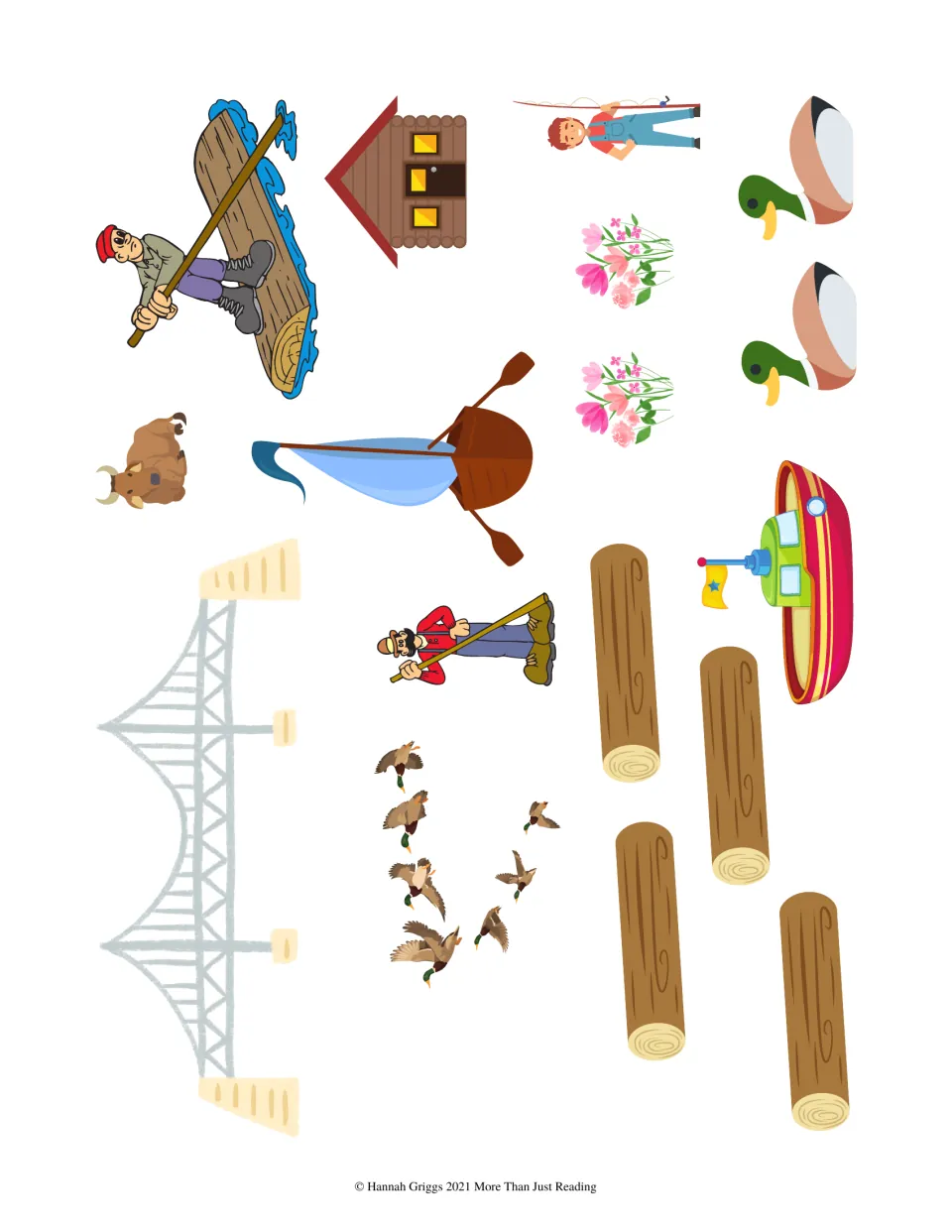 Sticker sheet for the scene activity: a tugboat, sailboat, bridge, logs, ducks, people, cabin, cow, and flowers