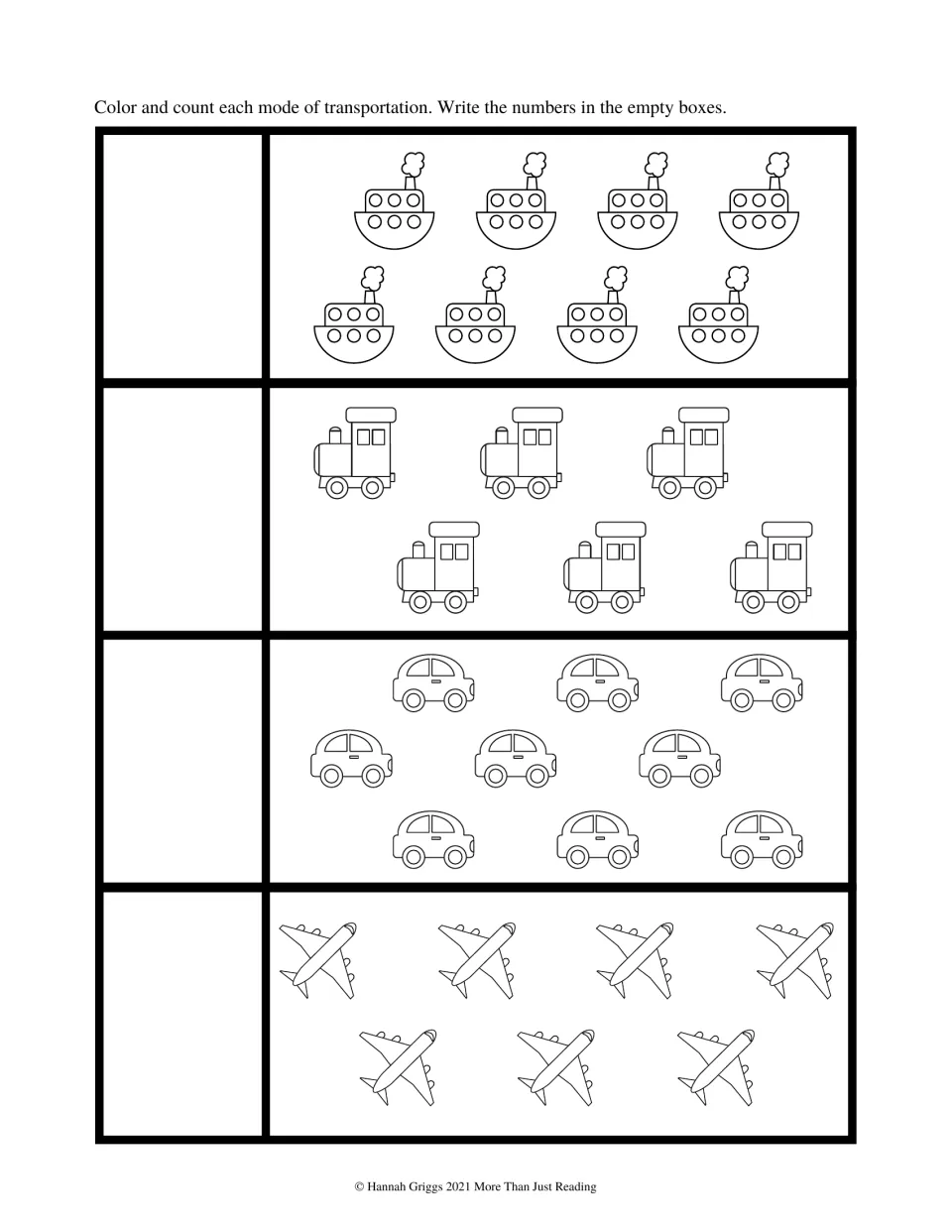 Transportation counting worksheet asking students to color and count eight boats, six trains, nine cars, and seven planes