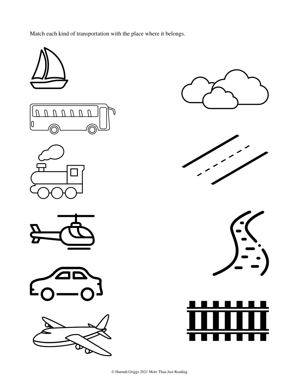 Transportation matching worksheet pairing a sailboat, bus, train, helicopter, car, and plane with travel settings