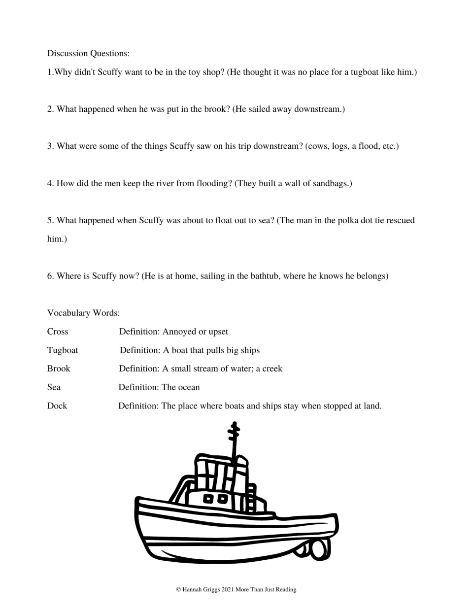 Six story discussion questions with answers and definitions for cross, tugboat, brook, sea, and dock