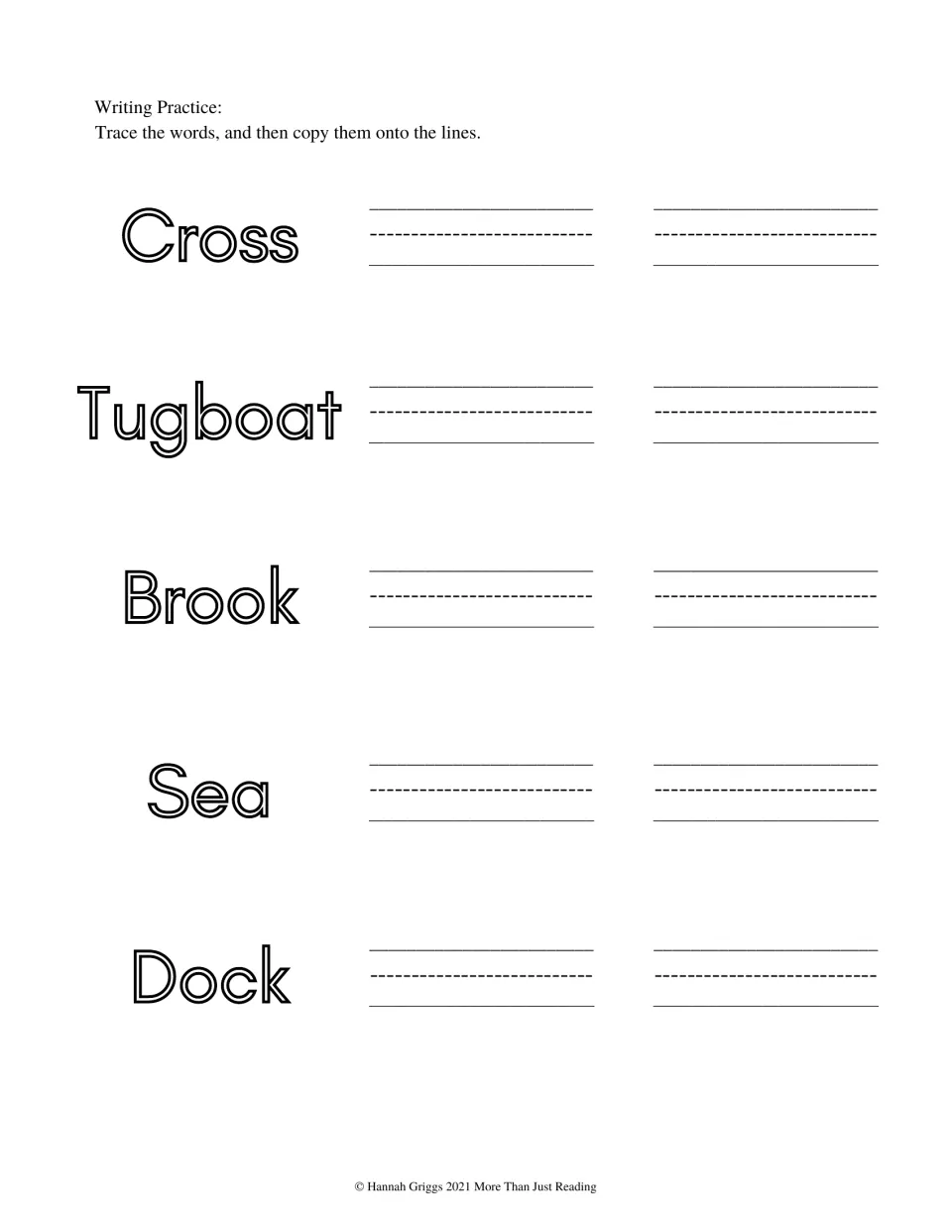 Vocabulary writing practice asks students to trace and copy the words cross, tugboat, brook, sea, and dock