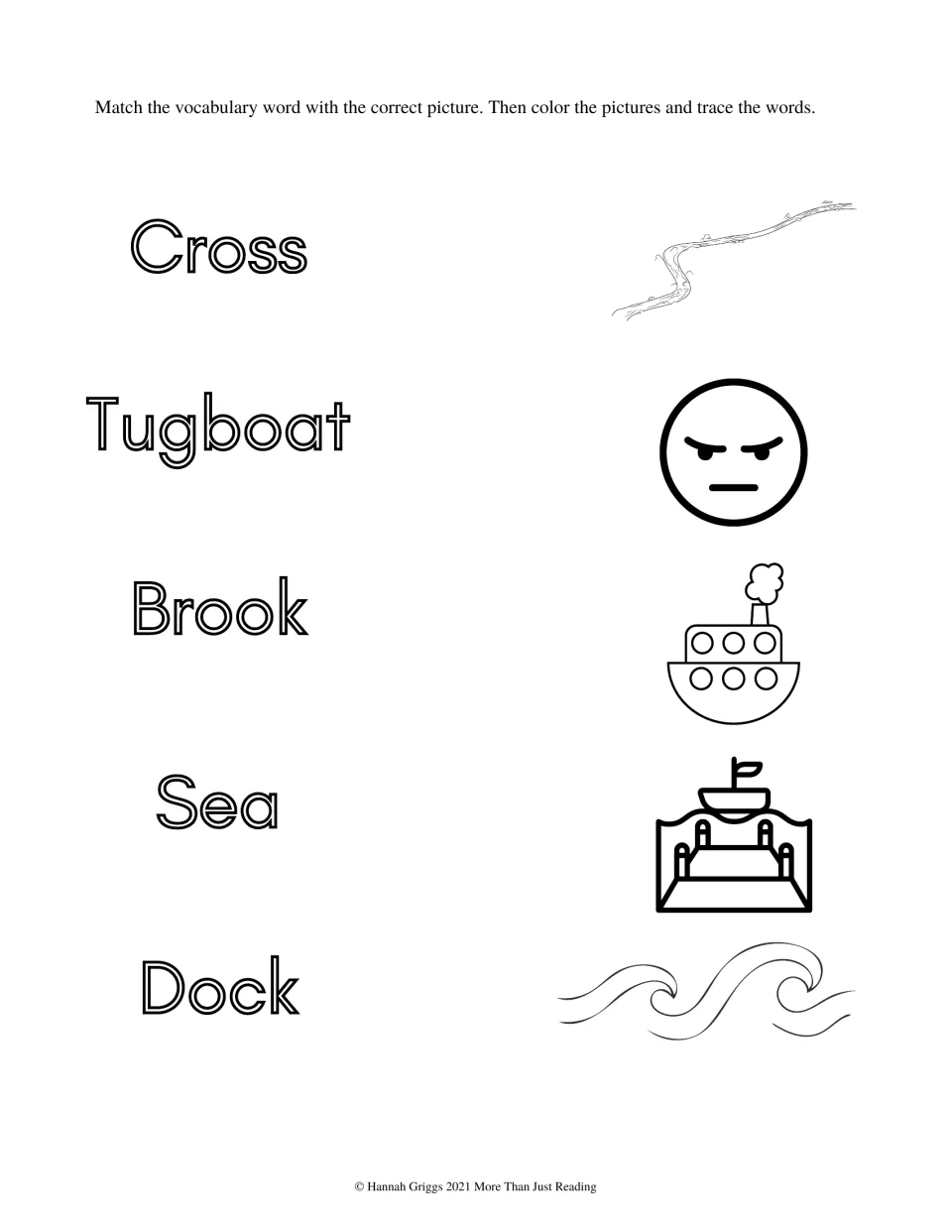 Vocabulary picture matching for cross, tugboat, brook, sea, and dock, followed by coloring and word tracing