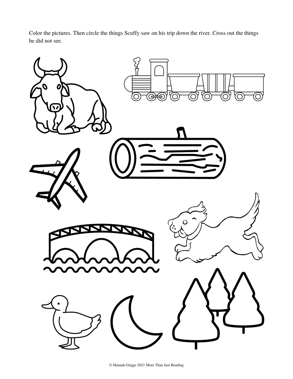 Story comprehension activity asks students to color nine pictures and circle things Scuffy saw on the river