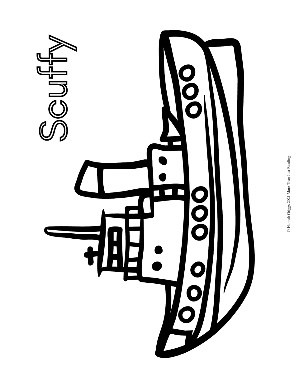 Scuffy coloring page concludes the story activity guide with a large tugboat drawing and his name to trace
