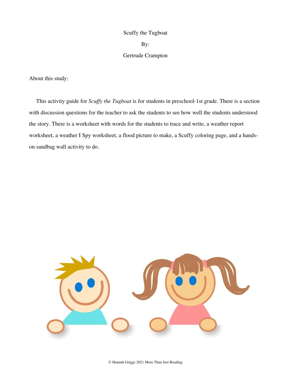 Activity guide overview for preschool through first grade lists discussion, writing, weather, and art tasks