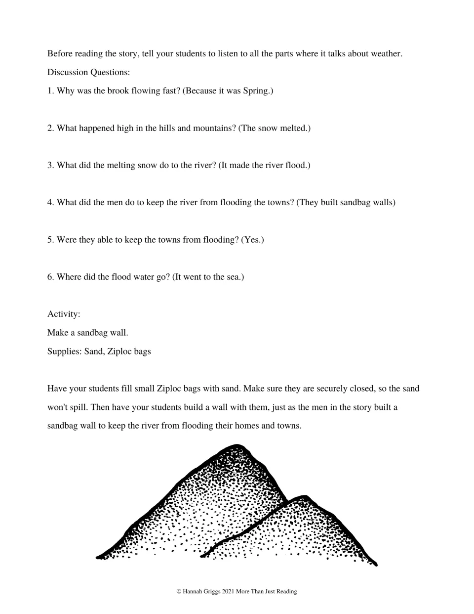 Six weather discussion questions with answers accompany instructions to build a sandbag wall using bags of sand
