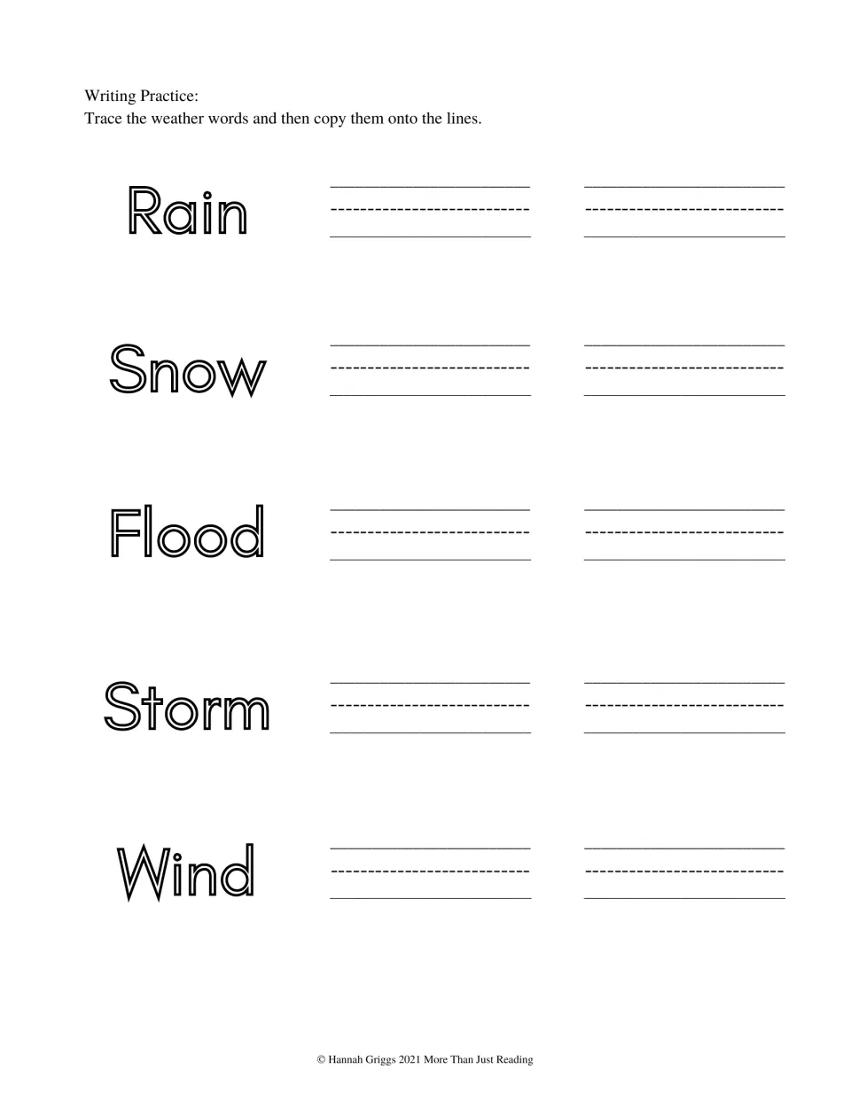 Weather writing practice asks students to trace and copy five words: Rain, Snow, Flood, Storm, and Wind