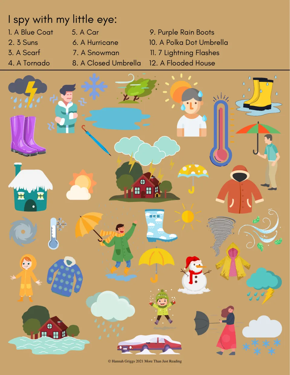 Weather I Spy activity lists 12 targets, including three suns, seven lightning flashes, and a flooded house