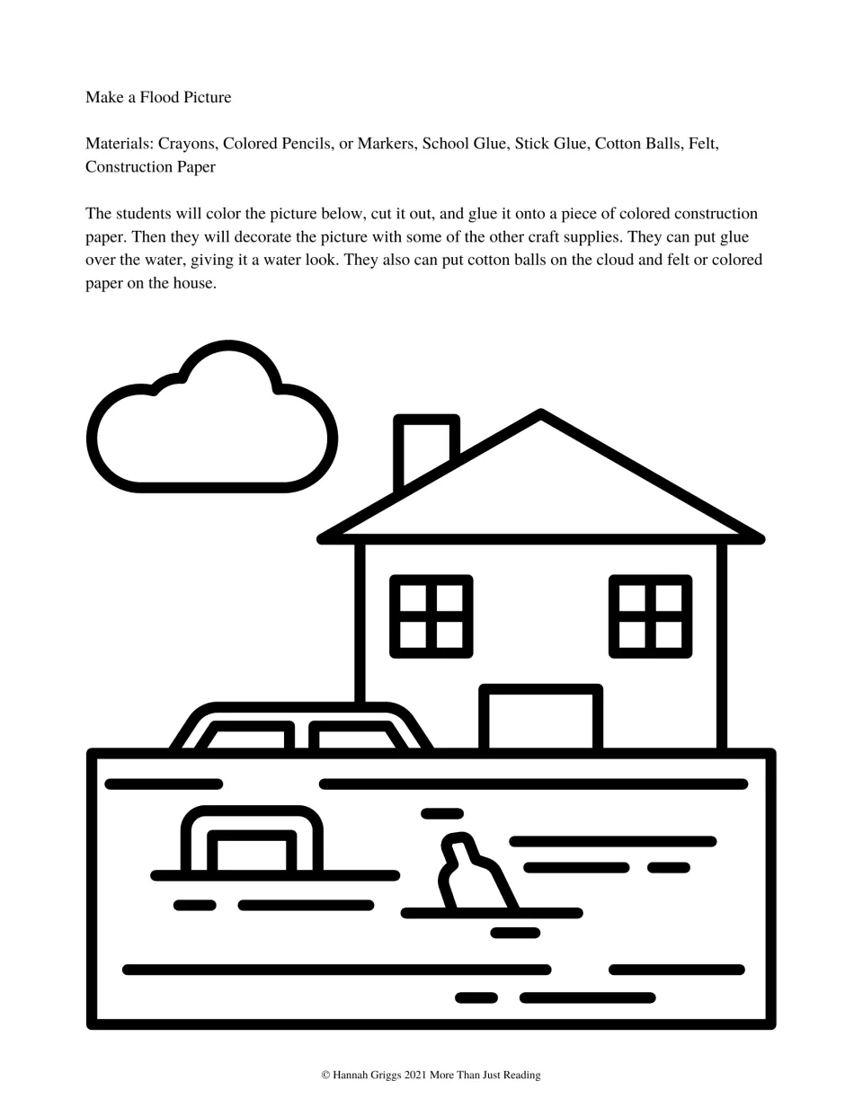 Flood picture craft asks students to color, cut, glue, and decorate a scene of a house and car in floodwater