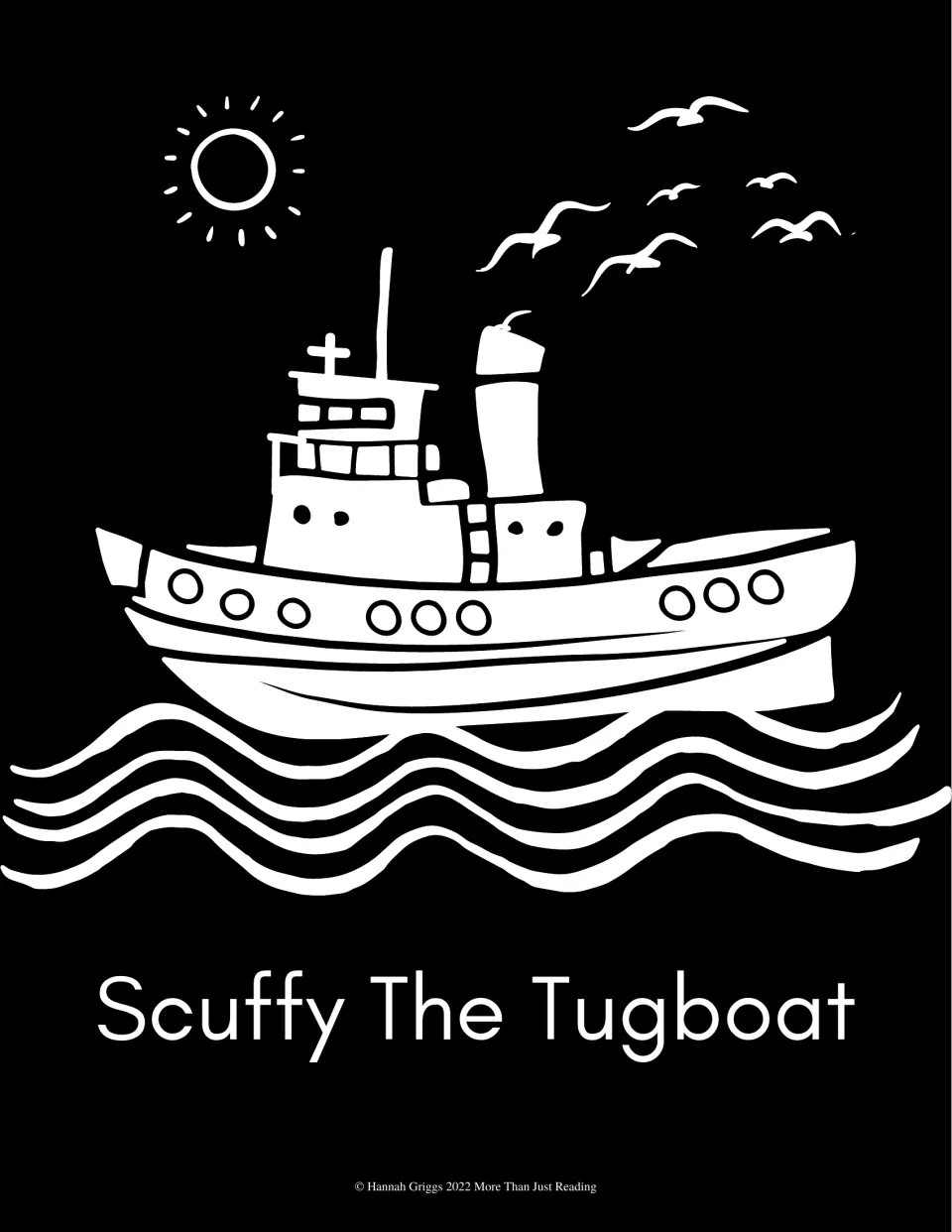 Tugboat coloring page for the weather activity guide shows Scuffy on waves beneath the sun and flying birds