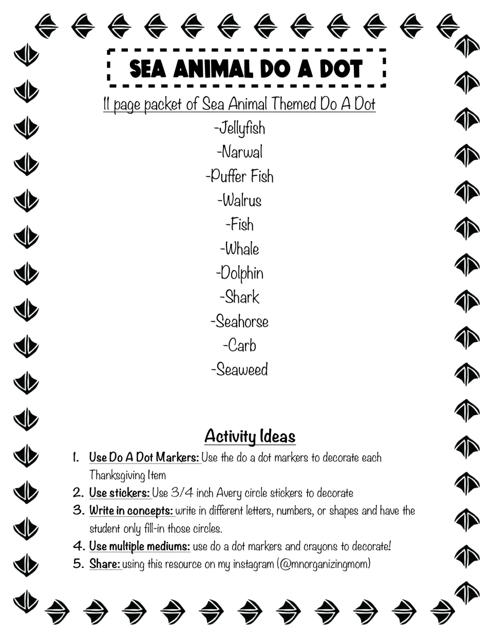 Sea Animal Do A Dot title page listing the jellyfish, narwhal, walrus, shark and other animal pages, plus 5 activity ideas
