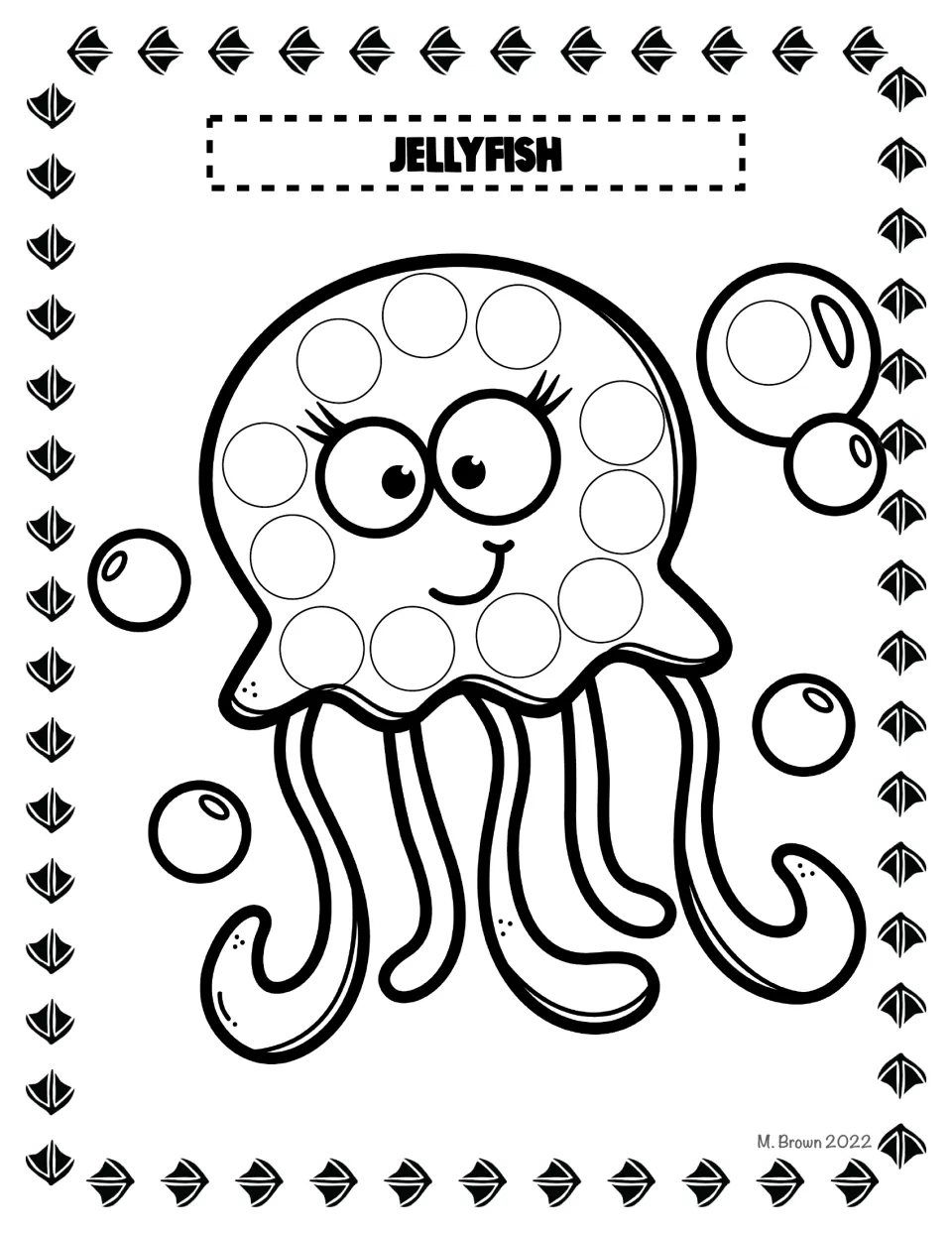 Jellyfish dot page: students stamp a dot marker or sticker into each circle on a smiling jellyfish's bell among bubbles