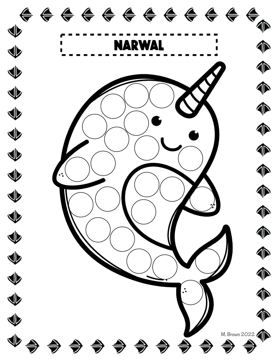 Narwhal dot page: students fill the empty circles across a smiling narwhal's body, flipper and tail with dot markers