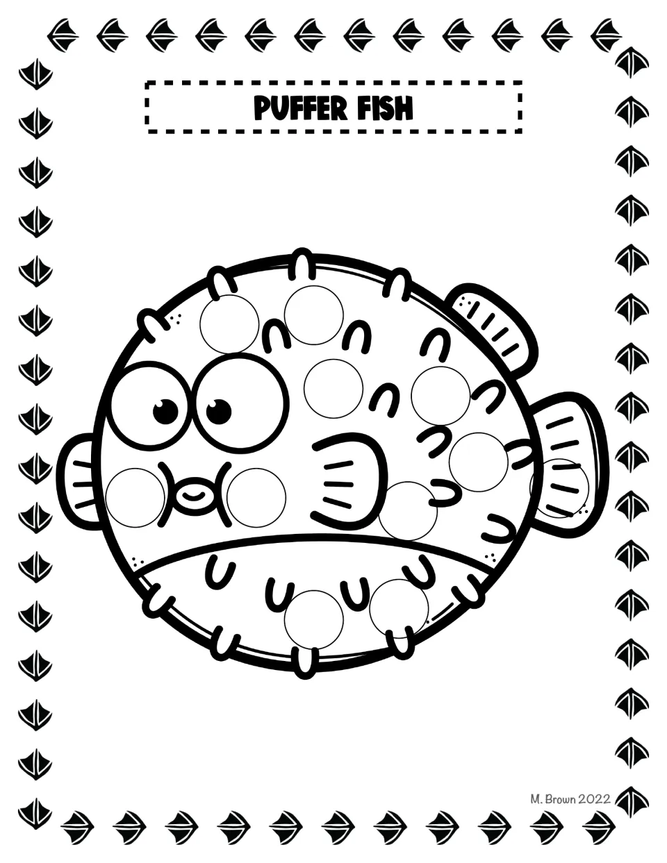 Puffer fish dot page: students dab a dot into each circle scattered across a round, spiky puffer fish with big eyes