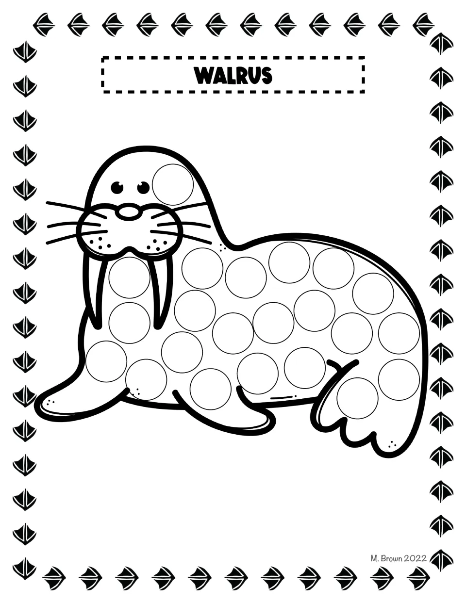 Walrus dot page: students fill rows of empty circles covering a whiskered walrus with tusks using markers or round stickers