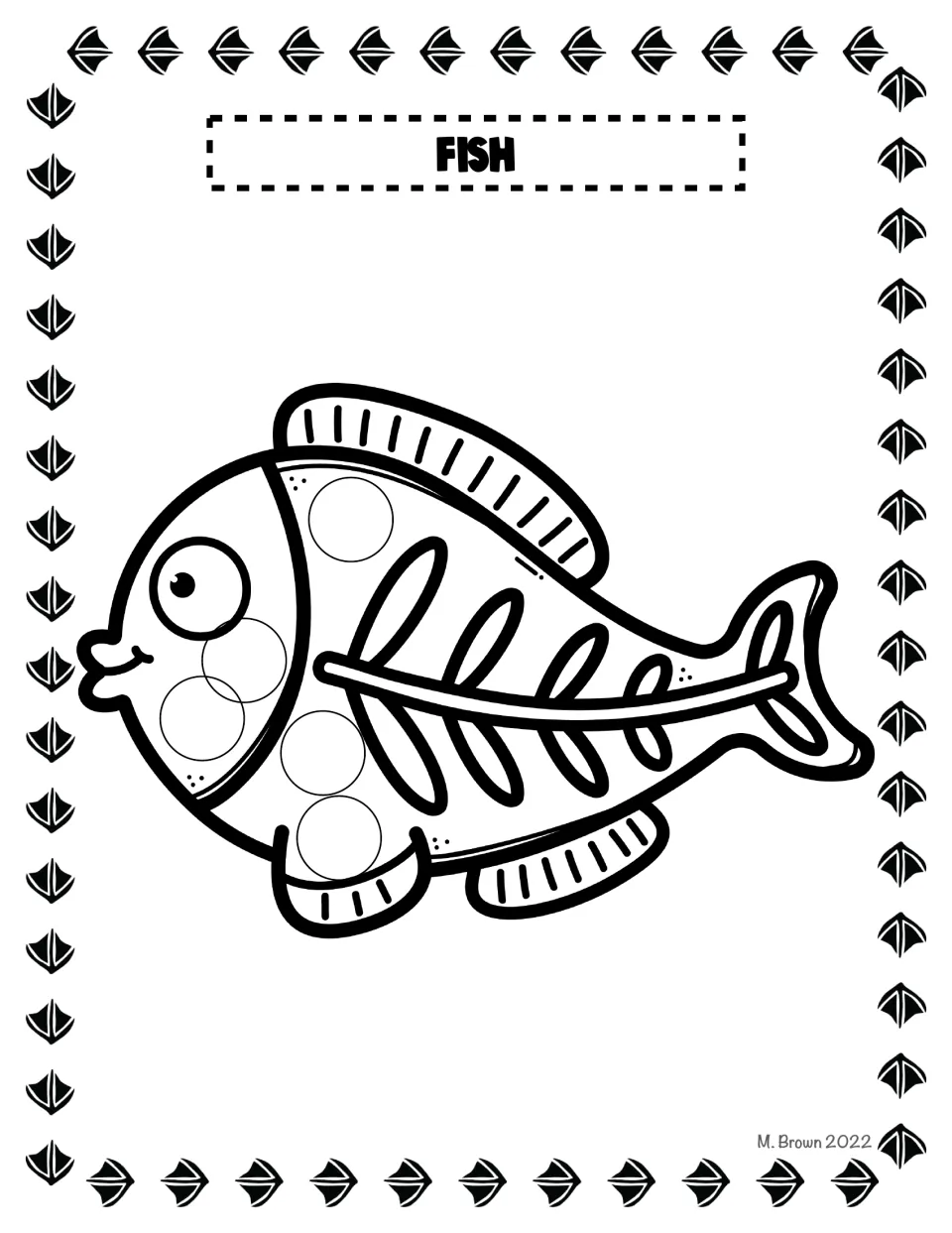 Fish dot page: students stamp the five circles clustered near the head and gills of a striped cartoon fish