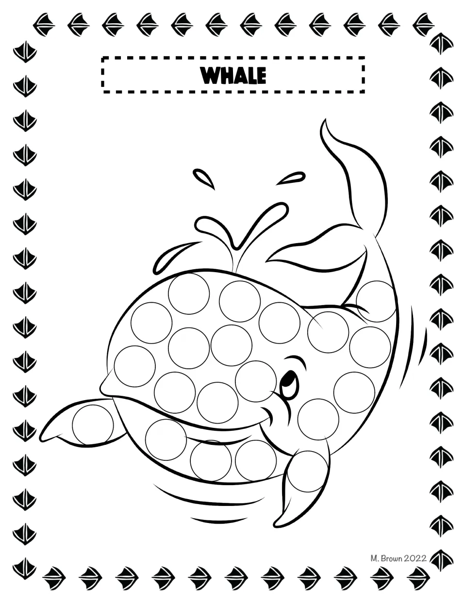 Whale dot page: students dot each empty circle on a smiling whale spouting water, including circles on its flippers
