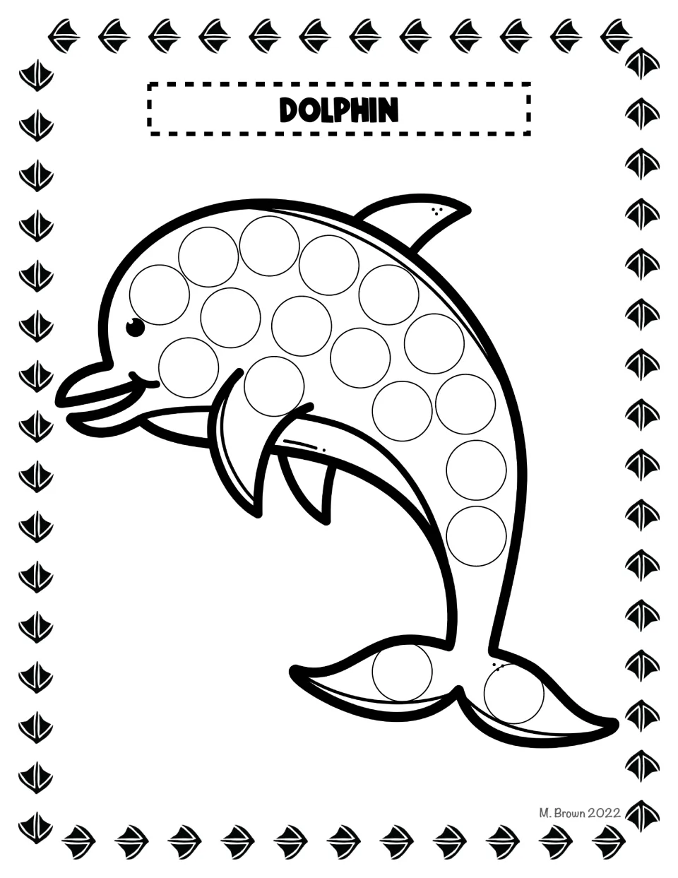 Dolphin dot page: students fill the curved trail of circles along a leaping dolphin's back and the two on its tail