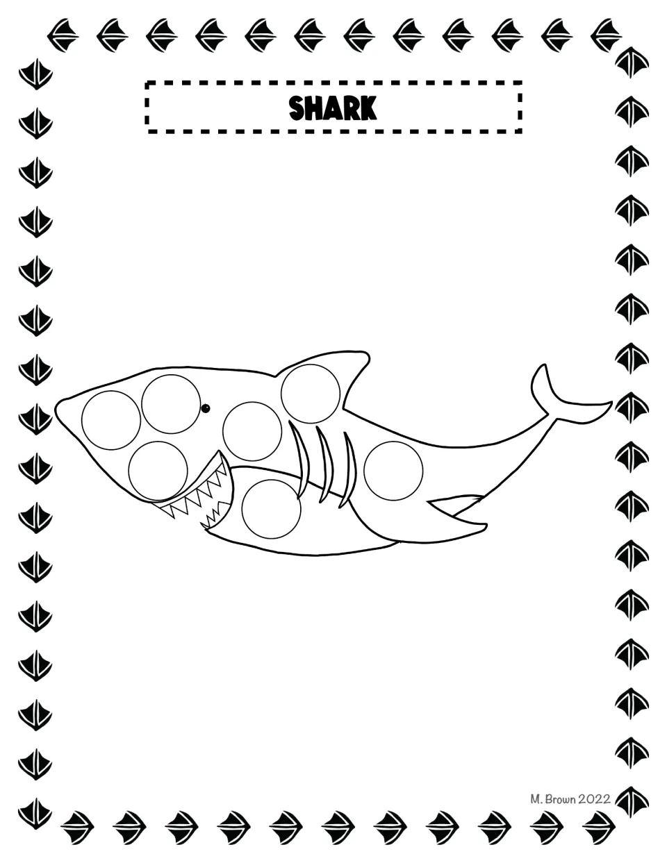 Shark dot page: students stamp the few large circles on a toothy shark's head and body with a marker or sticker
