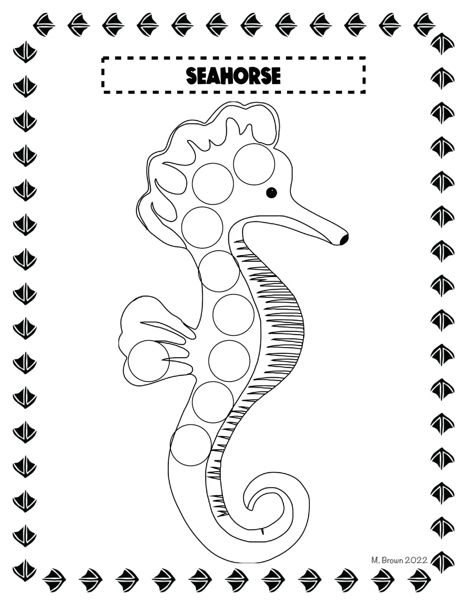 Seahorse dot page: students dot the column of circles running down a curly-tailed seahorse from crest to tail