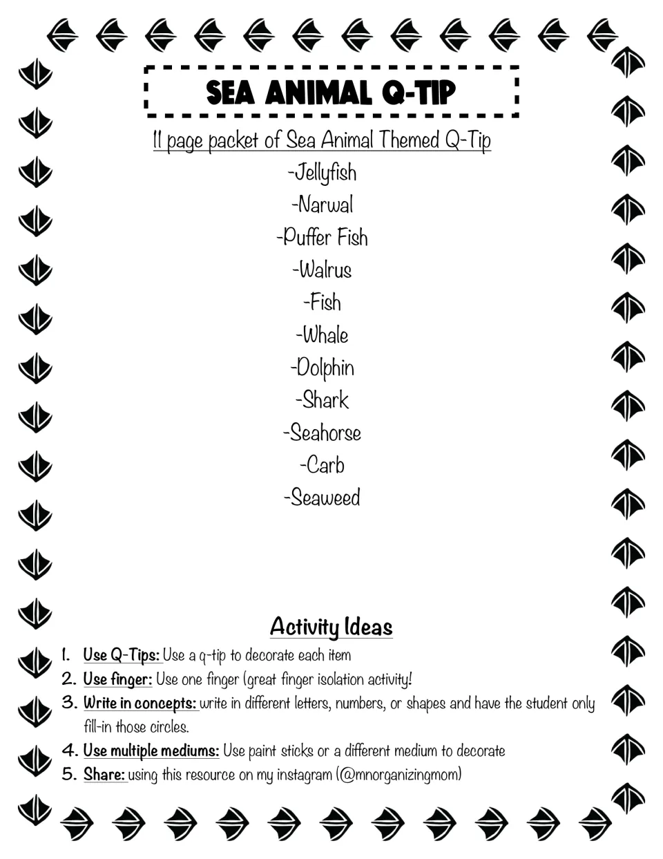 Cover of a sea animal Q-tip dot packet listing jellyfish, narwal, whale, shark, seahorse and more, plus 5 activity ideas