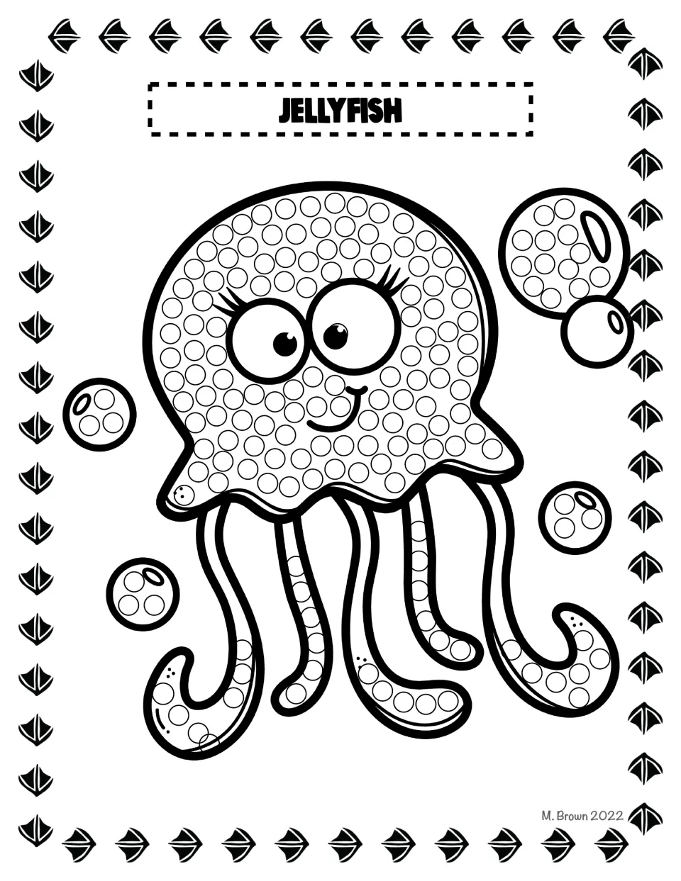 Jellyfish Q-tip dot page: students dab paint in each circle on a smiling jellyfish, its tentacles and nearby bubbles