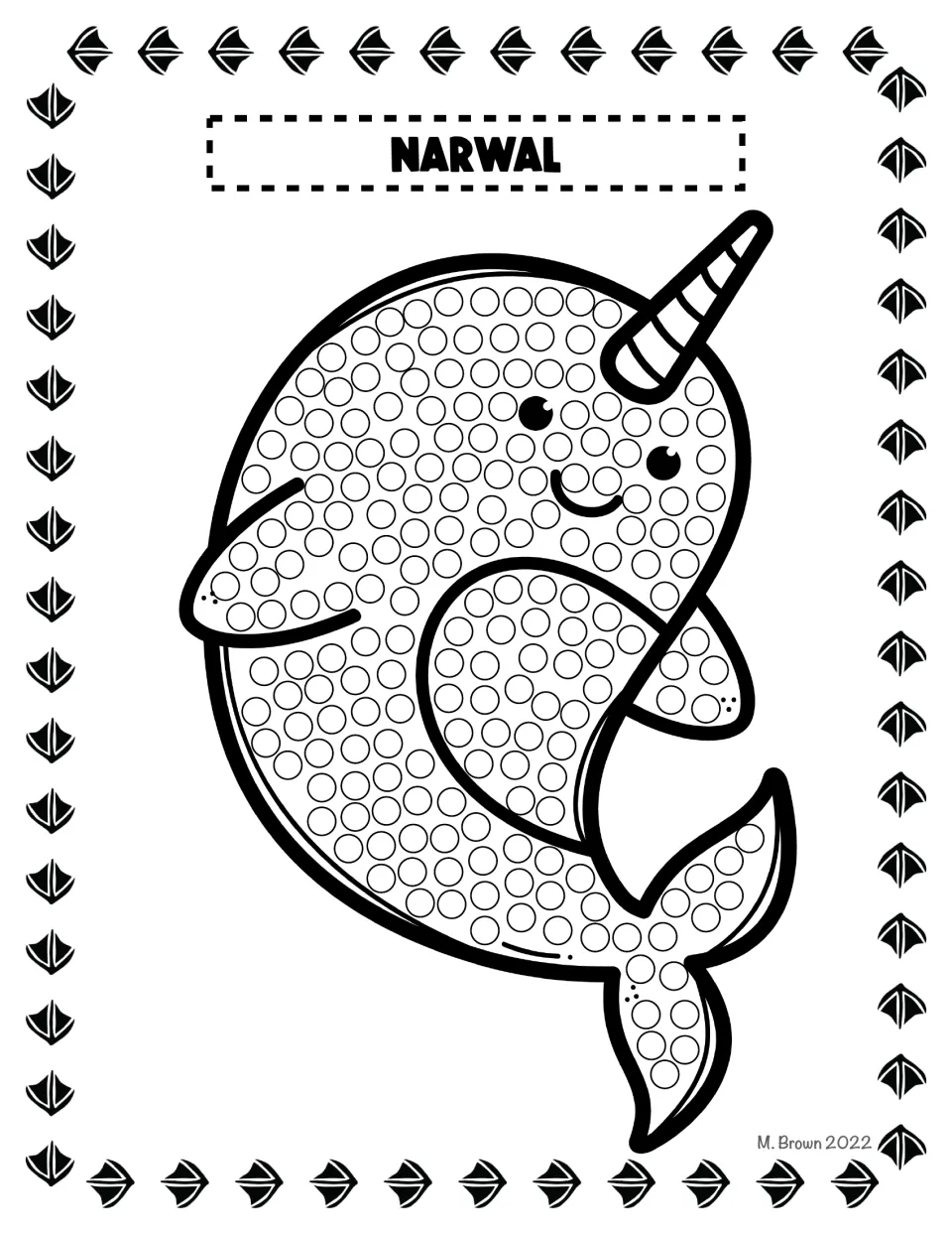 Narwal Q-tip dot page: students dab paint into rows of circles covering a smiling narwhal with a striped tusk